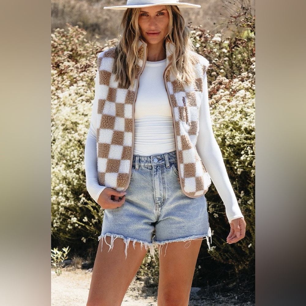 Women Khaki Checkered Sherpa Collared Jacket Vest